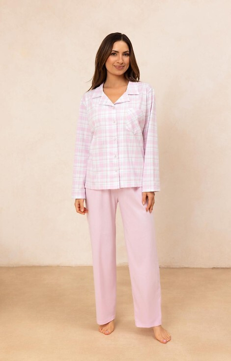727 Pigiama da donna rosa Regina - 100% cotone, a quadri, camicia con bottoni