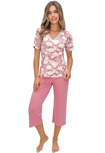 Pigiama donna Tina 3/4 rosa cipria - elegante pigiama in cotone con stampa floreale, scollo a V e pizzo, pantaloni a 3/4