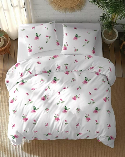 5769 A Detexpol Biancheria da letto in cotone Bloom bianca con fiori rosa e foglie verdi - 100% cotone, double face, lucido