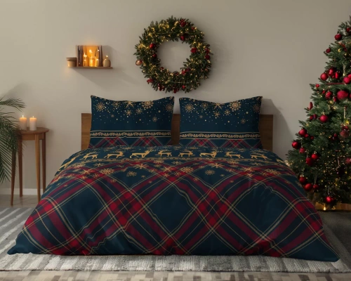Pościel Detexpol 6058 A Renne invernali blu navy e rosso 100% cotone