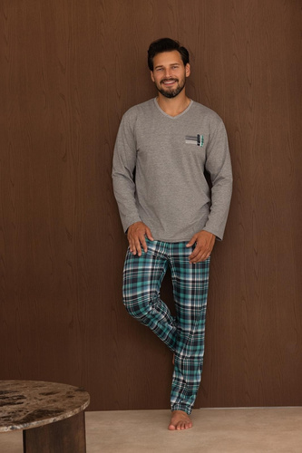 Regina 6011 Pigiama Uomo 100% Cotone Manica Lunga Pantaloni a Quadri Grigia