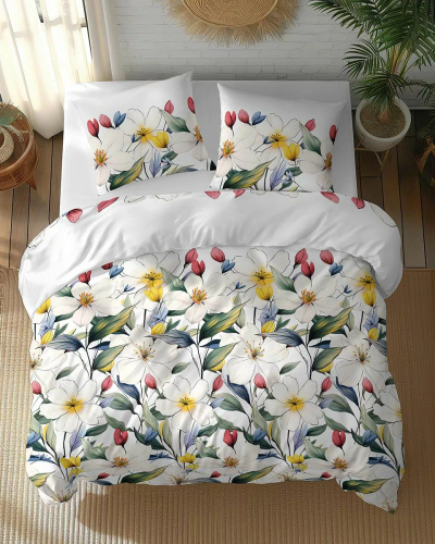 5774 A Cotton Bloom Detexpol biancheria da letto bianca con fiori colorati - 100% cotone, reversibile, produzione polacca