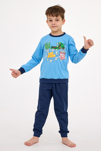 593/175 Pigiama da bambino Popcorn Cornette - Camicia blu stampata e pantaloni di cotone