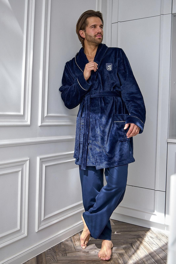 L&L Elegant 2664 Accappatoio Uomo Corto in Tessuto Waffle Morbido con Colletto blu scuro