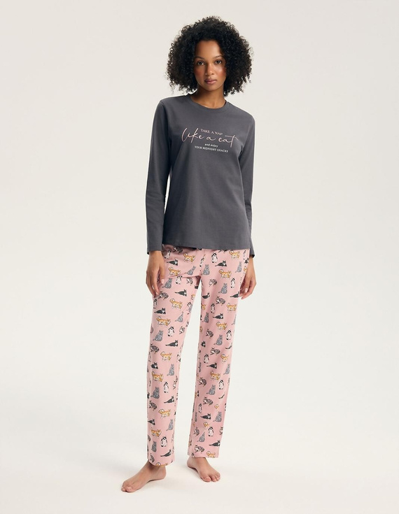 Pigiama da donna Henderson Ginni 45419 100% cotone manica lunga gatti grigia
