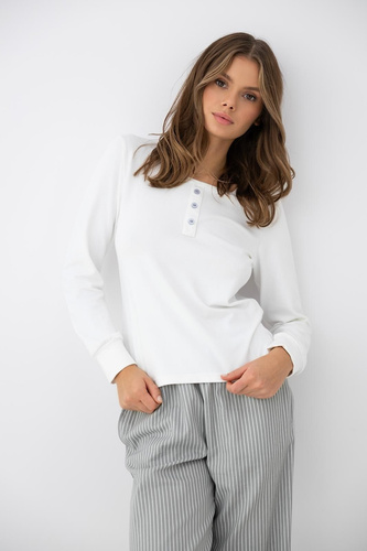 Sensis Salma pigiama donna ecru-grigia con manica lunga e pantaloni a righe