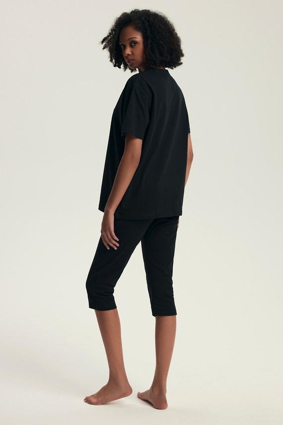 Pigiama da donna 43728 Dairoku nero - cotone, manica corta, pantalone da pescatore