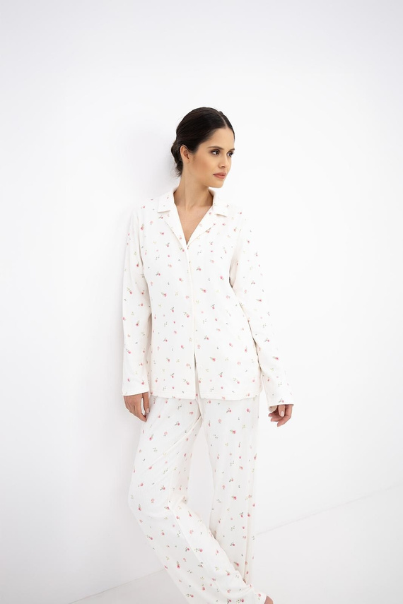 Sensis Valerie Ecru Pigiama Donna Invernale Jacquard con Bottoni Fiori
