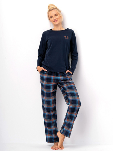 Pigiama da donna LNS 432 Key blu navy - cotone, manica lunga, pantaloni di flanella