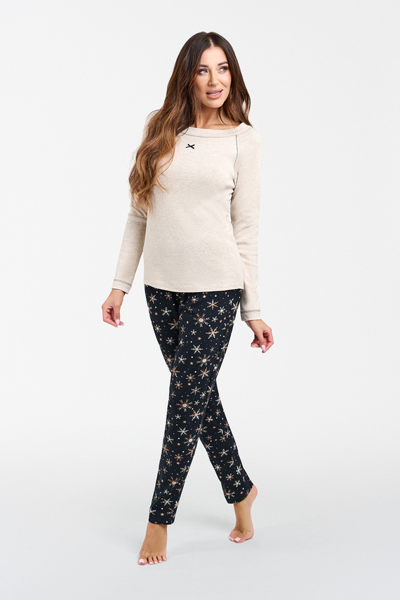 Denali Pigiama donna manica lunga, pantalone lungo Moda Italiana- beige melange/stampa