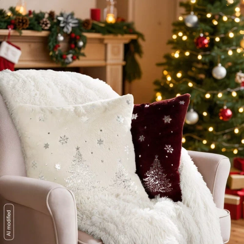 CHP308 Federa natalizia Eurofirany 45x45 con paillettes 3D stelle beige