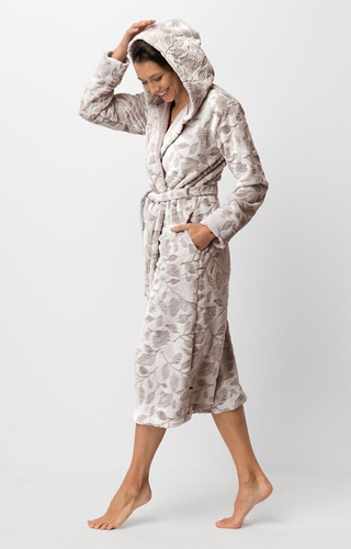 LGL 545 Vestaglia da donna Key ecru-mocca - morbida, con cappuccio, legata in vita