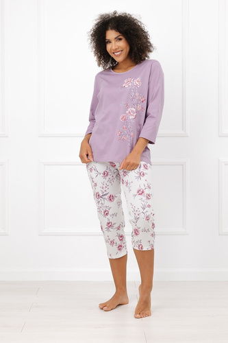 Italian Fashion Karilla Pigiama donna 100% cotone 3/4 fiori lilla
