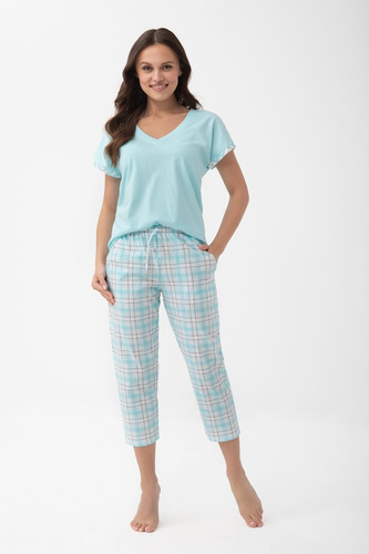 Piżama damska 1300 Luna in cotone con manica corta e pantaloni 7/8 turchese