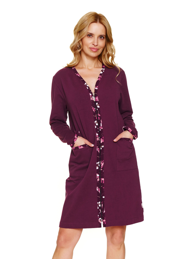 7319 Accappatoio da donna De Lafense bordeaux - cotone, zip, accenti floreali