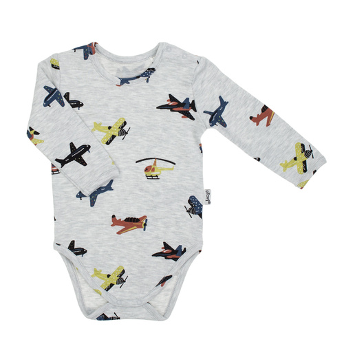 219095 Body bambino Willy Nicol in cotone grigio con aeroplani - manica lunga