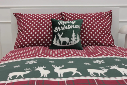 Xmass Biancheria da letto natalizia in cotone Spod Igły i Nitki - renna a scacchi rossi piselli verdi, set con cerniera, 100% cotone