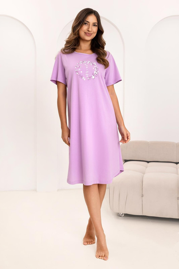 Camicia da notte Regina 176, cotone, manica corta, mezzo girocollo, stampa - viola