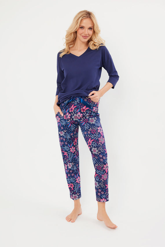 Pigiama Folk da donna maniche 3/4, pantaloni 7/8 Moda italiana - blu navy/stampa