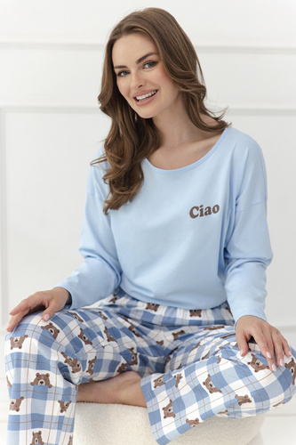 Pigiama donna Taro Freja 3631 blu 100% cotone manica lunga orsetto