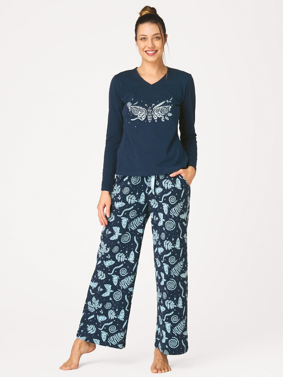 Pigiama donna Key LNS 534 blu navy in cotone lunga con tasche