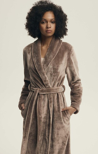 43595 Dextra Vestaglia da donna Henderson caffè, morbida, legata, sopra il ginocchio