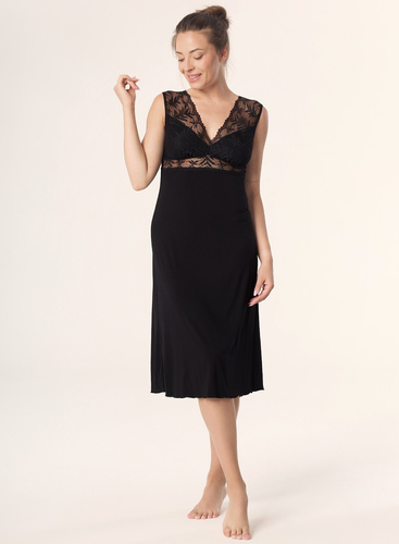 Camicia da notte Petra KM29 Mefemi by Nipplex nero- viscosa, pizzo, lunghezza al polpaccio