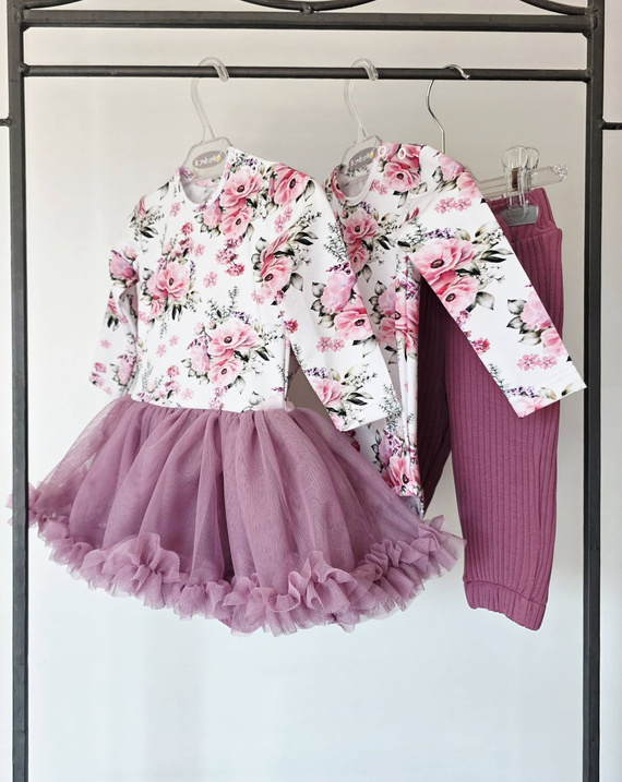 Sukienko-body Bambarillo Piwonie bambina in cotone con gonna in tulle