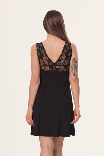 Mefemi Hanna KS01 Camicia da Notte in Viscosa con Pizzo Nera Imbottita