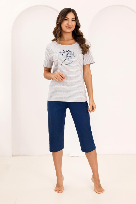Pigiama da donna in cotone Regina 732 blu navy - T-shirt stampata a righe, manica corta, pantaloni a 3/4, 100% cotone