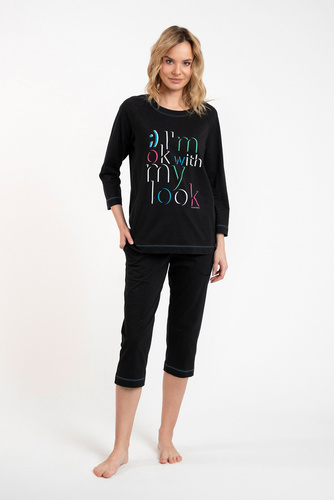 Olza Pigiama da donna manica 3/4, pantalone 3/4 Moda italiana - nero