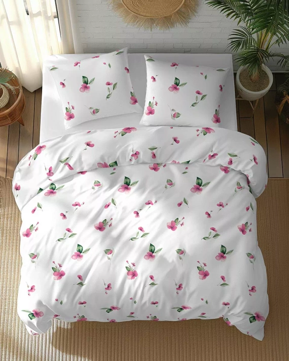 5769 A Detexpol Biancheria da letto in cotone Bloom bianca con fiori rosa e foglie verdi - 100% cotone, double face, lucido