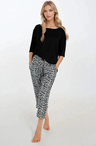 Noir Grace Pigiama donna Momenti Per Me - viscosa, stampa leopardo, camicetta con maniche a 3/4, pantaloni oversize