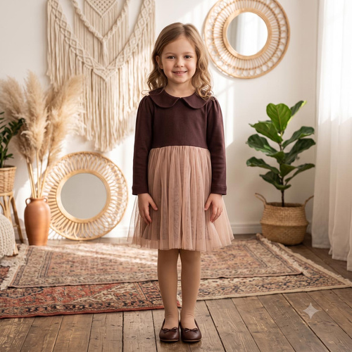 226167 Nicol HANIA Abito con tulle beige marrone manica lunga per bambina