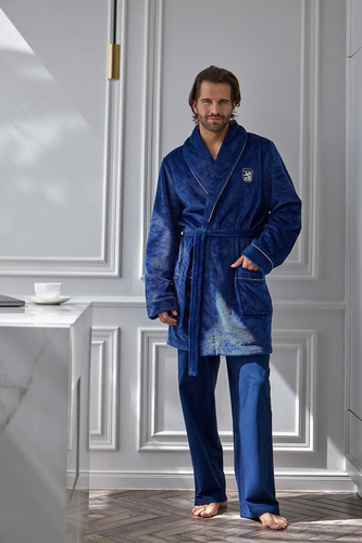 L&L Elegant 2664 Accappatoio Uomo Corto in Tessuto Waffle Morbido con Colletto navy
