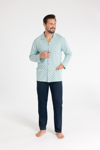 Pigiama uomo in cotone Regina 486 verde - manica lunga, abbottonato, taglio classico