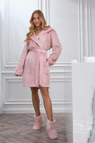 L&L 2601 Honey Accappatoio Donna Corto con Cappuccio Morbido con Cintura rosa cipria
