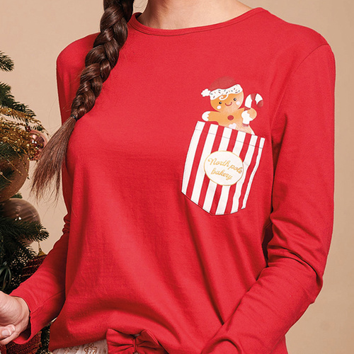 Pigiama donna Gretel rosso sorbetto - festivo, lunghezza. manica, stampa pan di zenzero