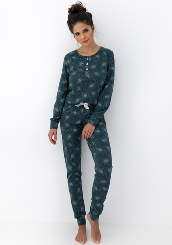 Pigiama Ellison Sensis donna verde - pigiama a maniche lunghe in cotone con polsini a costine