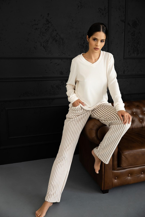 Pigiama donna Sensis Nolia ecru-mocca lunga con tasche e coulisse