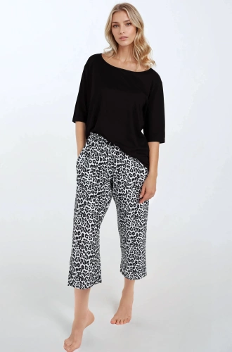 Noir Grace Pigiama donna Momenti Per Me - viscosa, stampa leopardo, camicetta con maniche a 3/4, pantaloni oversize