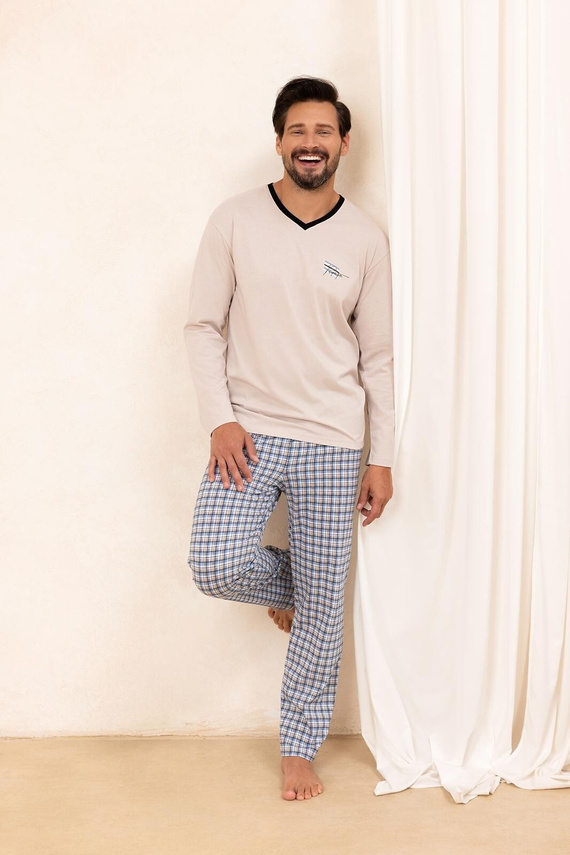 Pigiama da uomo Regina 491 beige - cotone, manica lunga, comodo e classico