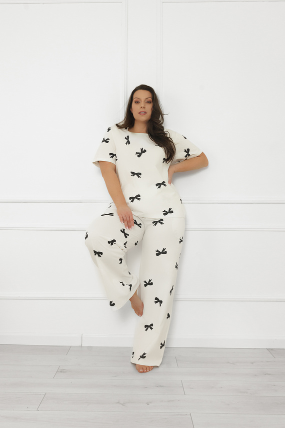 Pigiama da donna Figaro - ecru, cotone, manica corta + pantaloni lunghi Moda italiana