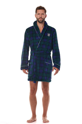 2456 BJ Accappatoio da uomo L&L blu navy - morbido, a quadri con colletto