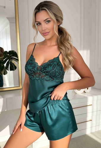 Donna Mela 1/2 Pigiama Donna in Raso Verde con Pizzo Pantaloncini a Fiori