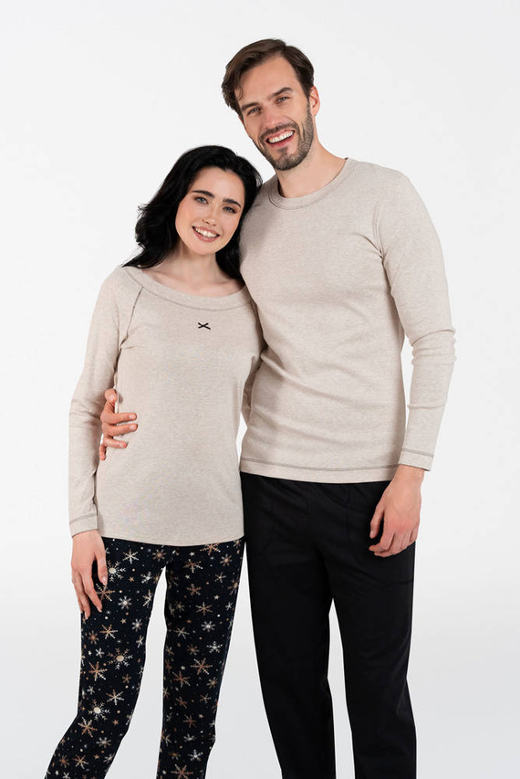 Denali Pigiama donna manica lunga, pantalone lungo Moda Italiana- beige melange/stampa