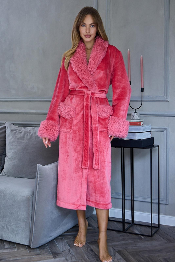 L&L Hana 2647 lungo accappatoio donna in peluche con pelliccia al polpaccio candy