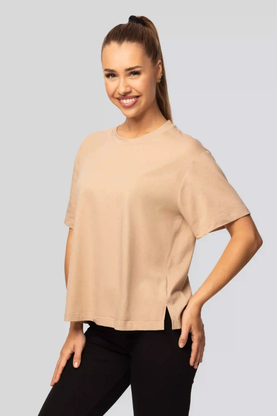 T-shirt in cotone urban beige da donna - Manica corta, taglio classico, alla moda con spacchetti | Materiale di alta qualità, elasticità