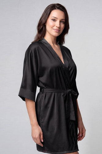 Accappatoio in raso Beja Unikat nero elegante con cintura legata