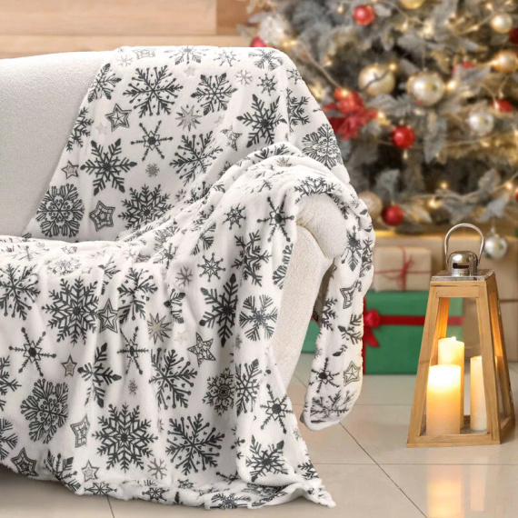 Eurofirany Coperta natalizia bianca blu navy fiocchi di neve - morbido copriletto in microfibra, 240 g/m²